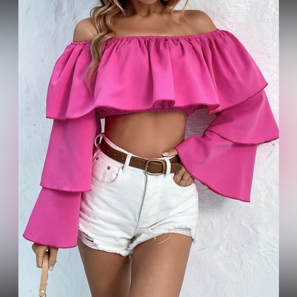 Tops - Hot pink off shoulder flounce sleeve blouse